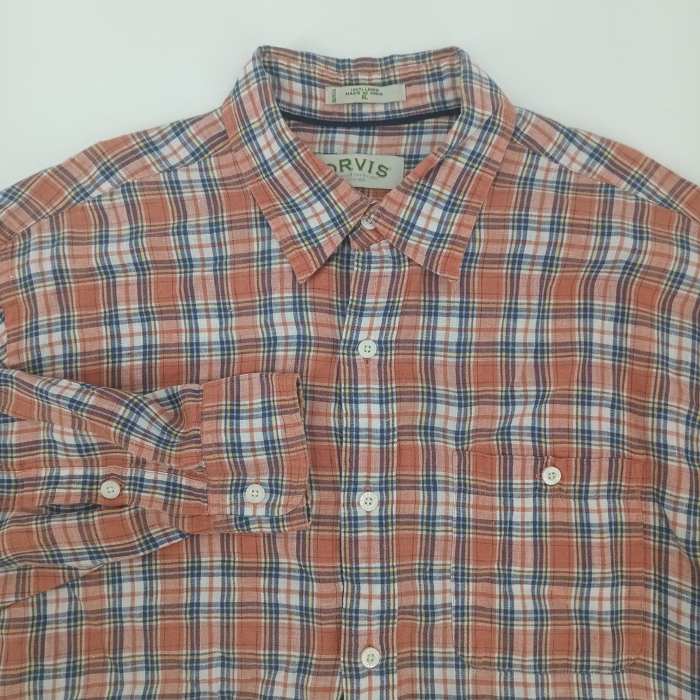 Orvis Mens XL Orange Blue Plaid 100% Linen Long Sleeve Button Down Shir